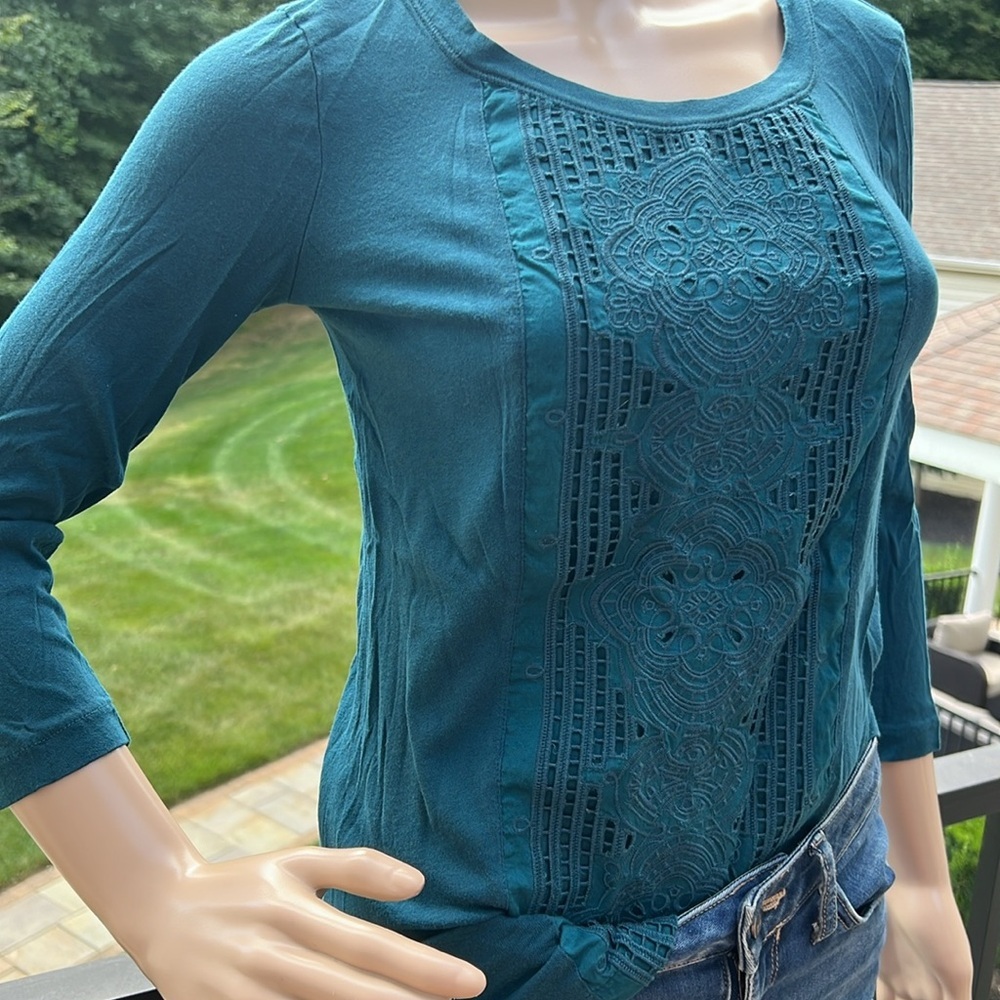 J Crew teal Celtic boho embroidered 3/4 sleeves top SZ XS - Picture 2 of 7